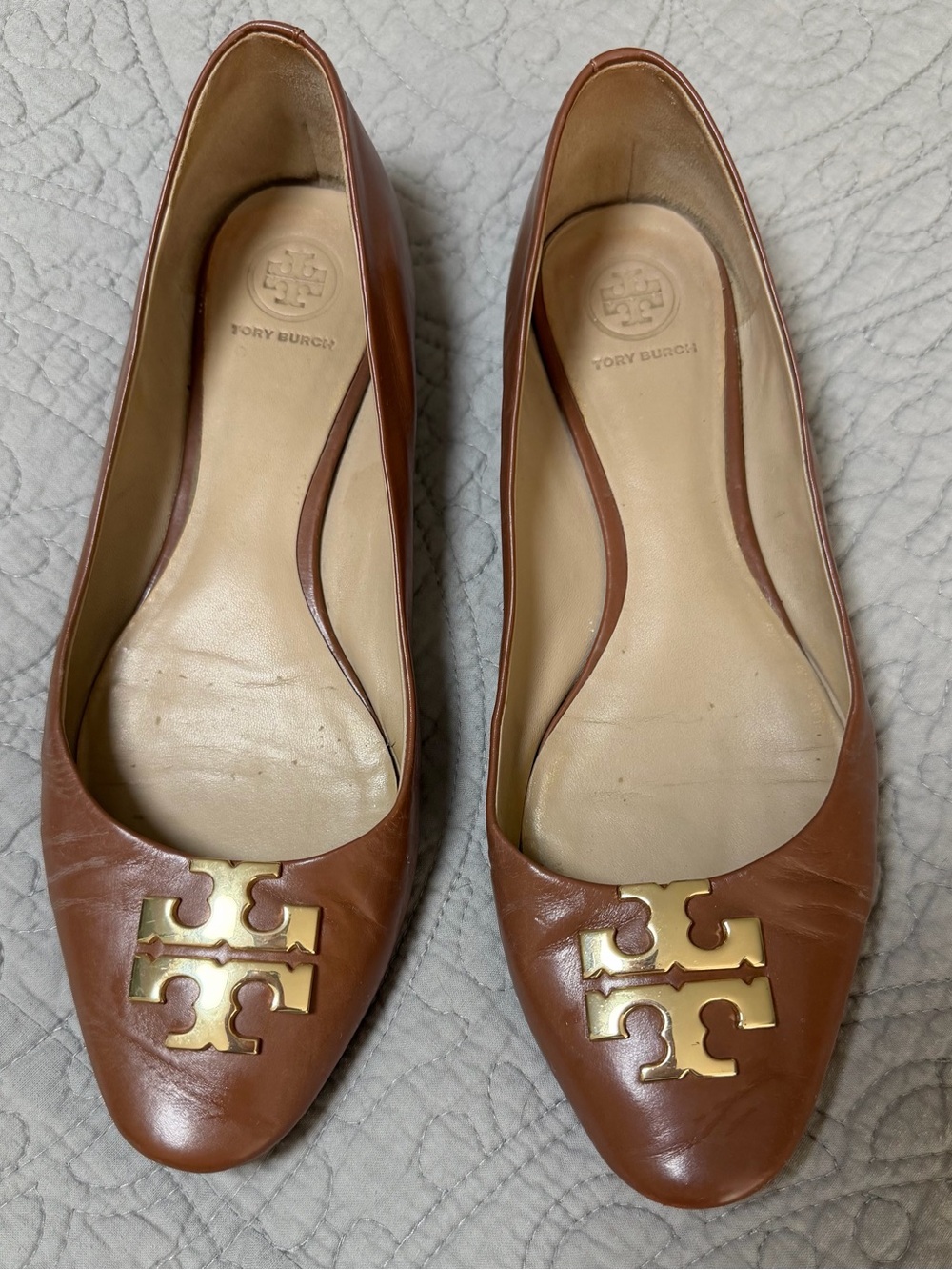 Tory Burch Tan Leather Logo Ballet Flats with Gold Emblem